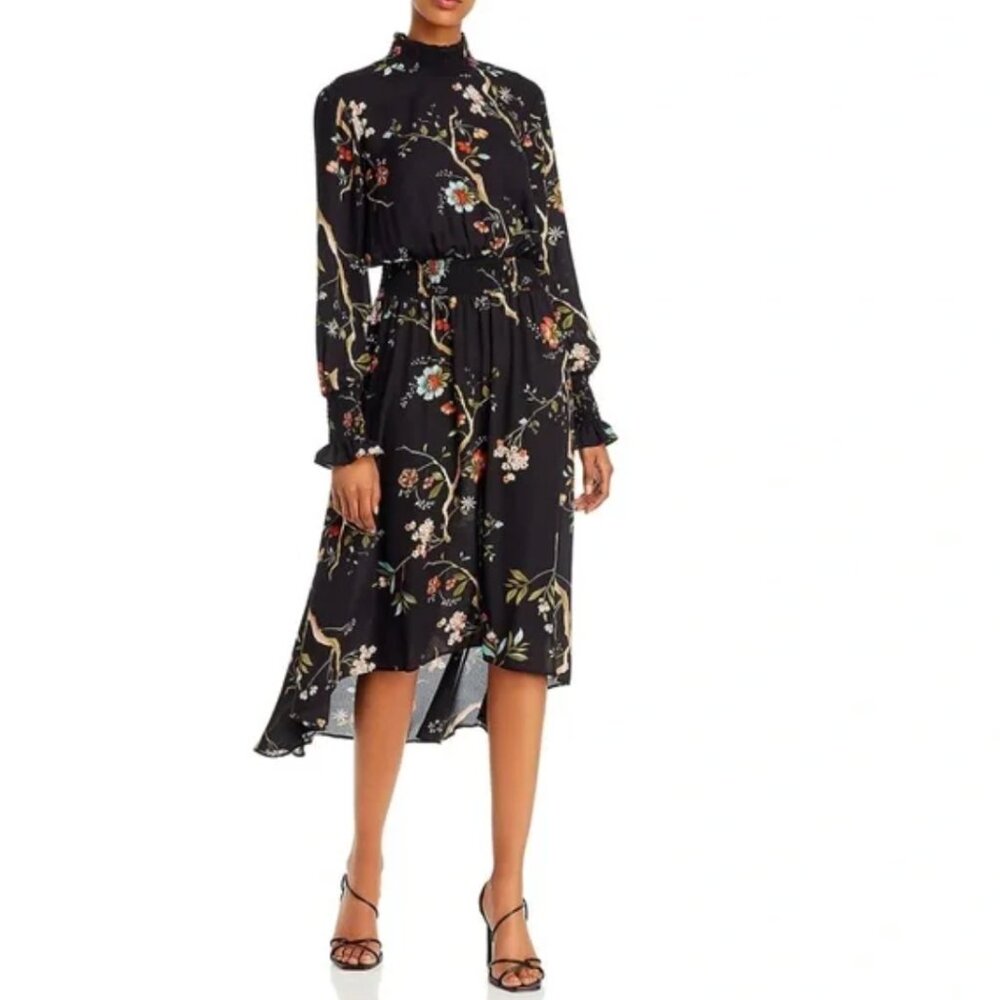 Nanette Lepore | Black Floral Mock Neck Long Sleeve Hi-Lo Midi Dress | Size 6